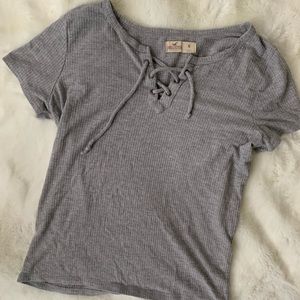 Gray ribbed tie-up shirt